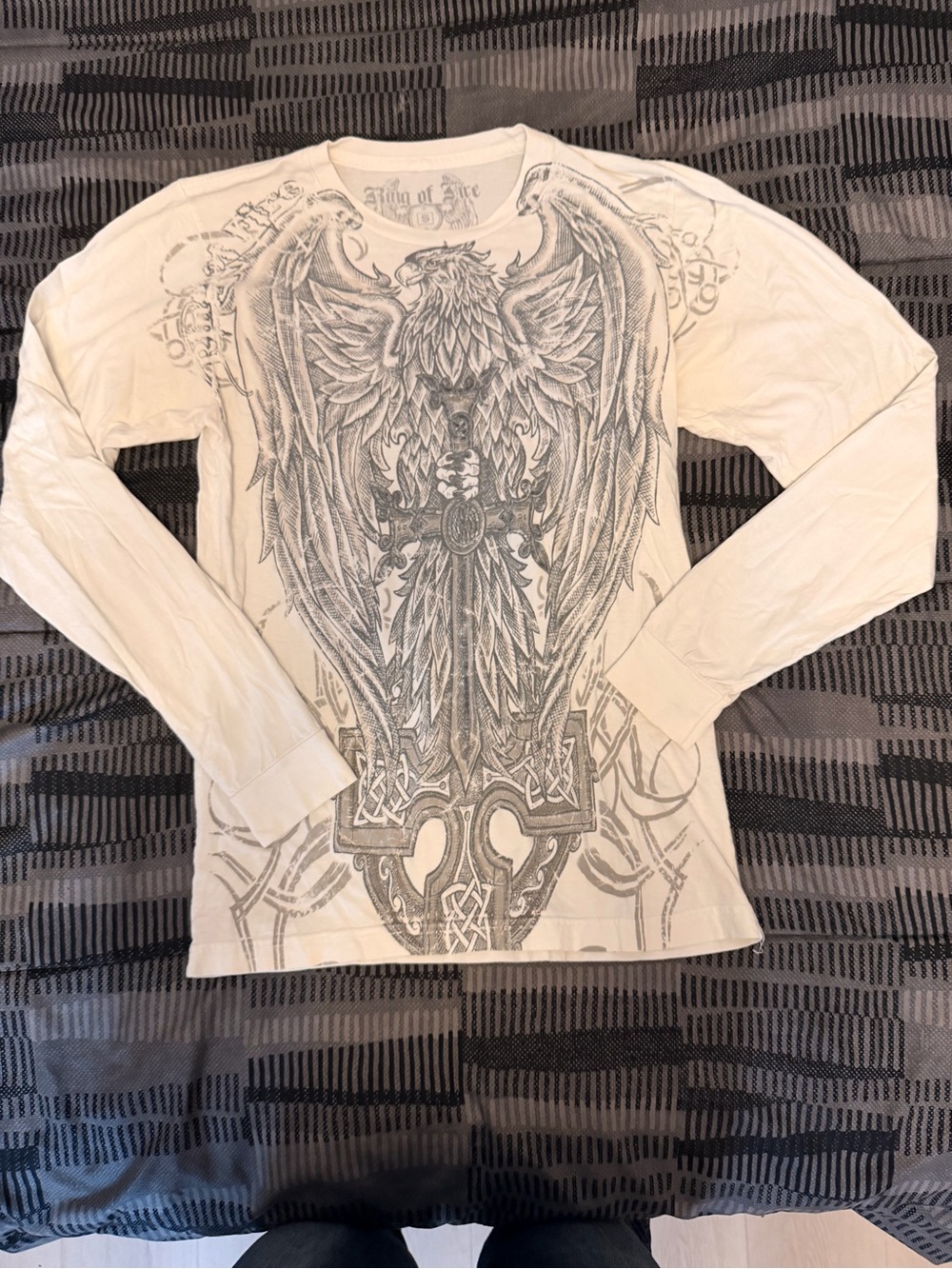 Ring of Fire White Long-Sleeve Graphic Tee with Large Eagle Design